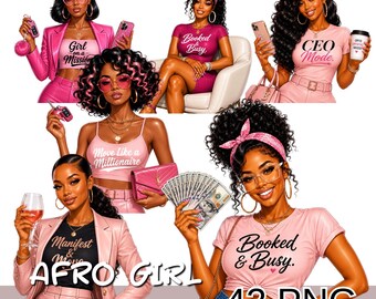 Afro Girl Boss Png Bundle, Black Woman Boss Lady Clipart, CEO Quotes Png, Pink Boss Lady Clipart.