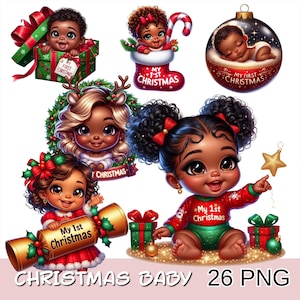 May include: A digital illustration featuring several Christmas-themed baby graphics. The images include babies in a gift box, a stocking, a Christmas ornament, and wearing festive outfits. Text includes "My 1st Christmas" and "Christmas Baby 26 PNG".