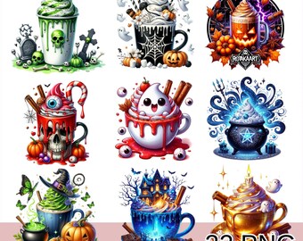 Halloween Spooky Drinks Clipart: Coffee & Cocktail PNG (Digital Download)