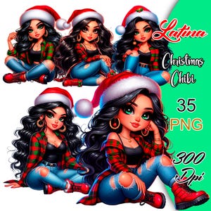 Christmas Chibi Latina Clipart, Christmas Hispanic Girl Png, Chibi Girl Clipart, Christmas Mexican Png, Latina Chibi Stickers, Santa Chibi.
