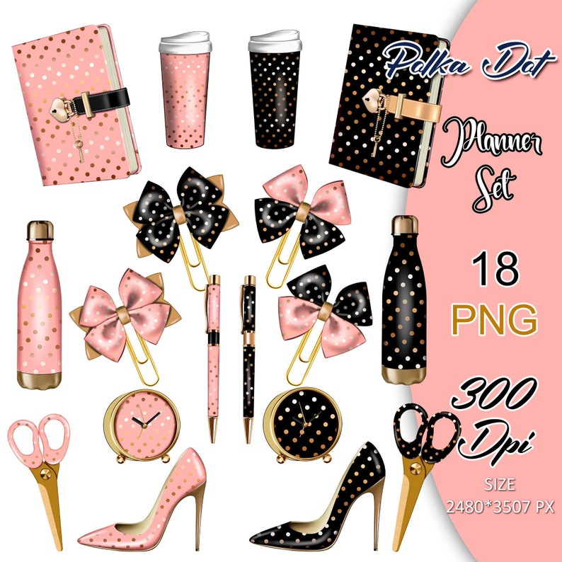 Planner Clipart Polka Dot, Pink Planner Stickers, Stationery Clipart ...