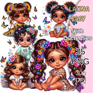 Clipart de bebé latina linda chibi, 25 Png, niña latina Png, clipart de bebé hispano, clipart de muñecas chibi, bebé latina con mariposas.