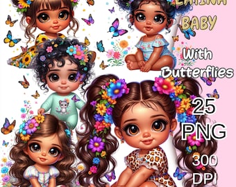 Chibi Cute Latina Baby Clipart, 25 Png, Latina Baby Girl Png, Hispanic Baby Clipart, Chibi Dolls Clipart, Latina Baby with Butterflies.