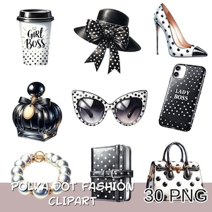 Prickig svartvit modeuppsättning Clipart, 30 Png Girl Boss-tillbehör Png, Girl Boss Clipart.
