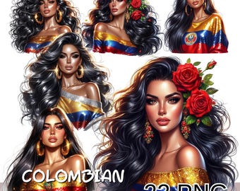 Colombian Woman Png Bundle, Latina Girl Clipart, Colombian Pride Png, Chicana Clipart, Instant Digital Download.