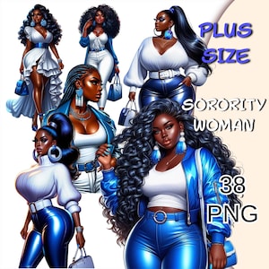 Sorority Plus Size Blue and White Clipart, Zeta Phi Beta Sorority Png, Sister Girls Clipart, Sisterhood Curvy Women, Black Woman Png.