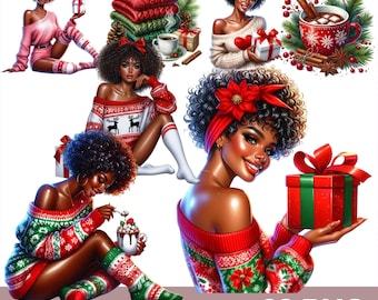 Christmas Black Woman Clipart Bundle, Afro American Holyday Woman, Merry Black Girl Png, Cozy Holiday Clipart, Black Women Png.