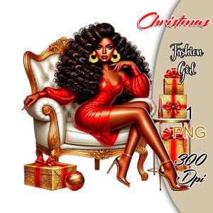 Clipart donna nera di Natale, PNG ragazza glamour di Natale, 1 PNG, Donna di Natale di lusso, Clipart donna con vestito rosso di Natale, PNG di Natale.