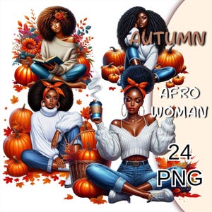Autumn Black Woman Clipart, Cozy Fall Afro Girl Png, Woman and Pumpkins Png, Black Queen Png, Autumn Girl Clipart, Afro Queen Png.