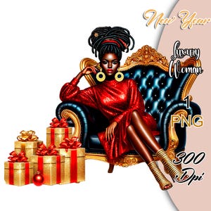 Clipart donna di lusso per il nuovo anno, Clipart donna per la vigilia di Capodanno, Donna nera affascinante PNG, Ragazza afro di Natale PNG, Donna per la festa di Capodanno.