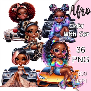 Mignon Afro Chibi avec voiture Png, Clipart Afro Chibi de voiture de sport, Clipart Chibi noir mode, Chibi Girl Bundle Png, Fashionista Chibi Clip Art.