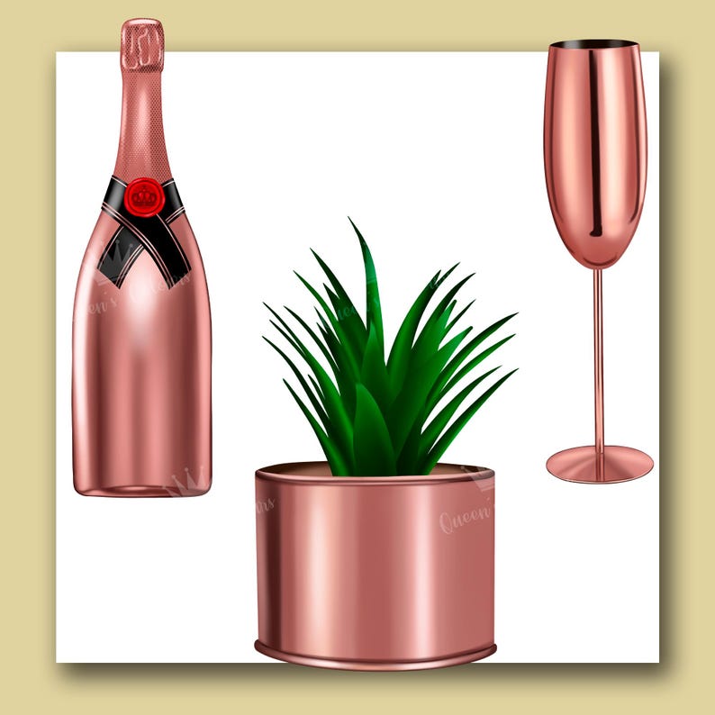Op de afbeelding: Een ros&eacute; gouden champagnefluit, een ros&eacute; gouden champagnefles en een ros&eacute; gouden plantenpot met een groene succulent.
