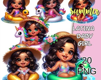 Summer Latina Chibi Baby Png Clipart, Super Cute Latina Baby Girl, Beach Latina Doll Png, Summer Hispanic Baby Doll, Vacation Chibi Doll.