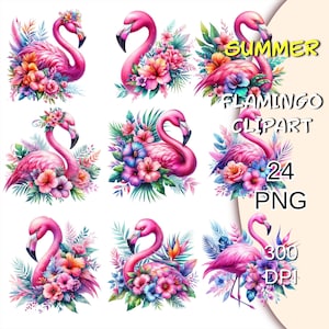 Ensemble de 24 flamants roses d'été aquarelle, clipart floral flamant rose, oiseaux tropicaux Png, illustrations flamant rose, clipart flamant rose mignon.