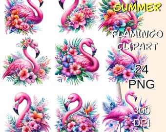 24 Watercolor Summer Pink Flamingo Png Bundle, Floral Flamingo Clipart, Tropical Birds Png, Flamingo Illustrations, Cute Flamingo Clip Art.
