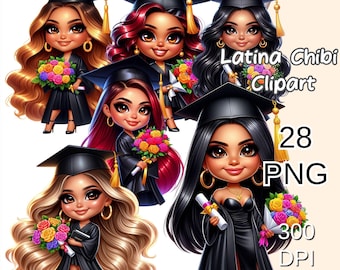 Latina Chibi Graduation Clipart, Hispanic Graduation Chibi Doll Png, Graduate Chicana Clipart, Senior Latina Chibi Png.
