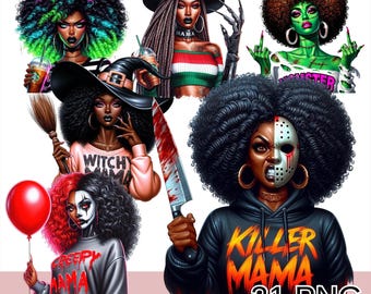 May include: Digital art featuring several illustrations of women with Halloween themes. One woman holds a bloody knife, another a red balloon, and others are dressed as a witch and a zombie. The text "HALLOWEEN MAMA" and "KILLER MAMA" are visible.