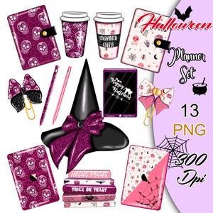 Conjunto de imágenes prediseñadas de planificador de Halloween, paquete de pegatinas de Halloween, pegatinas de planificador de Halloween, imágenes prediseñadas de papelería de Halloween, imágenes prediseñadas de calavera.