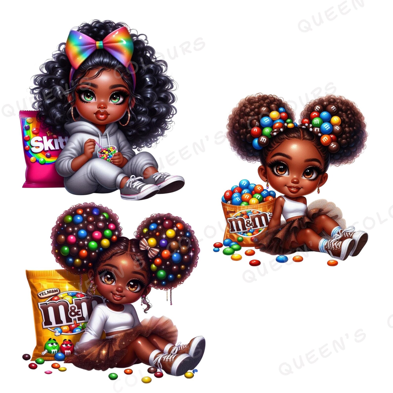 Afro Chibi Doll Clipart Bundle, Cute Black Girl Png, Candy Snack Doll ...