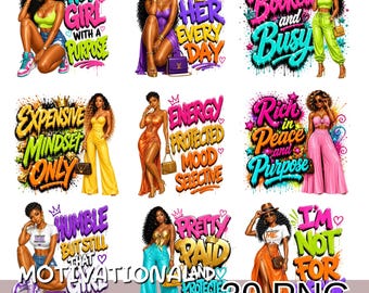 Motivational Black Girl Png Bundle, 30 Afro Woman Quotes Clipart, Black Girl Affirmation Clipart, Self Confidence Afro Fashion Png.
