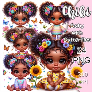 Clipart de niña negra, bebé afro con mariposas, 25 PNG, muñeca bebé chibi de primavera, lindos bebés chibi, clipart afro chibi, linda niña PNG.