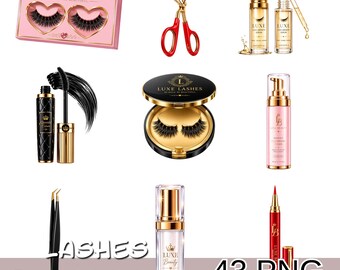 Luxe Lashes Png Clipart Bundle, Beauty Branding Png, Makeup Lash Tools Digital Download, Feminine Cosmetics Graphics.