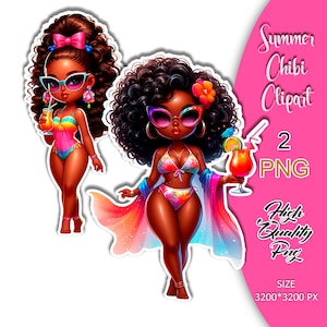 Summer Chibi Doll, Summer Chibi Girl Clipart, Cute Girl Clipart, Afro Chibi Clipart, Holiday Chibi Clipart, Chibi Doll Stickers, Black Chibi