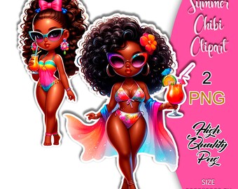 Muñeca Chibi de Verano, Clipart de Chica Chibi de Verano, Clipart de Chica Linda, Clipart Chibi Afro, Clipart Chibi de Vacaciones, Pegatinas de Muñeca Chibi, Chibi Negro