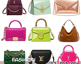 Fashion Designer Luxury Bag Clipart Bundle, Fashion Purse Png Set, fashion Handbag Png, Glam Accessories Digital Download, 31 Png Files