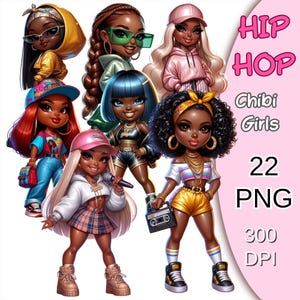 Chibi Afro Hip Hop Girl Clipart, 22 Png, Black Chibi Png, Hip Hop Cute Girl Clipart, Fashion Chibi Png, Black Chibi Doll Sticker, Chibi Png.