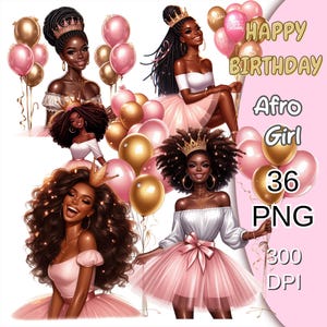 Birthday Afro Girl Clipart Set, Anniversary Girl Clipart, Birthday Girl Png, Black Girl Birthday Clipart, Girl Happy Birthday Clipart.