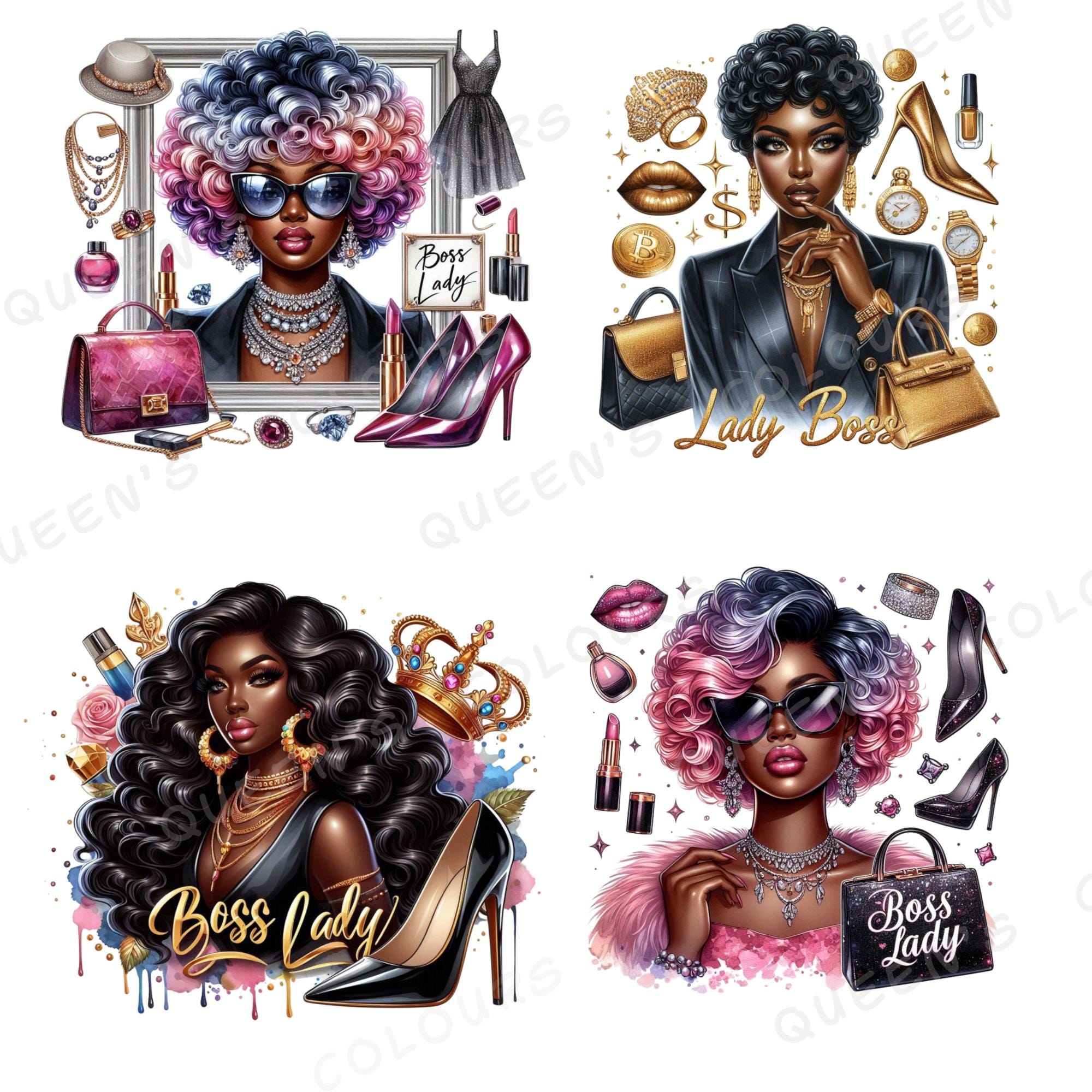 Boss Lady Clipart PNG Bundle, Black Woman Fashion Illustration, Afro ...