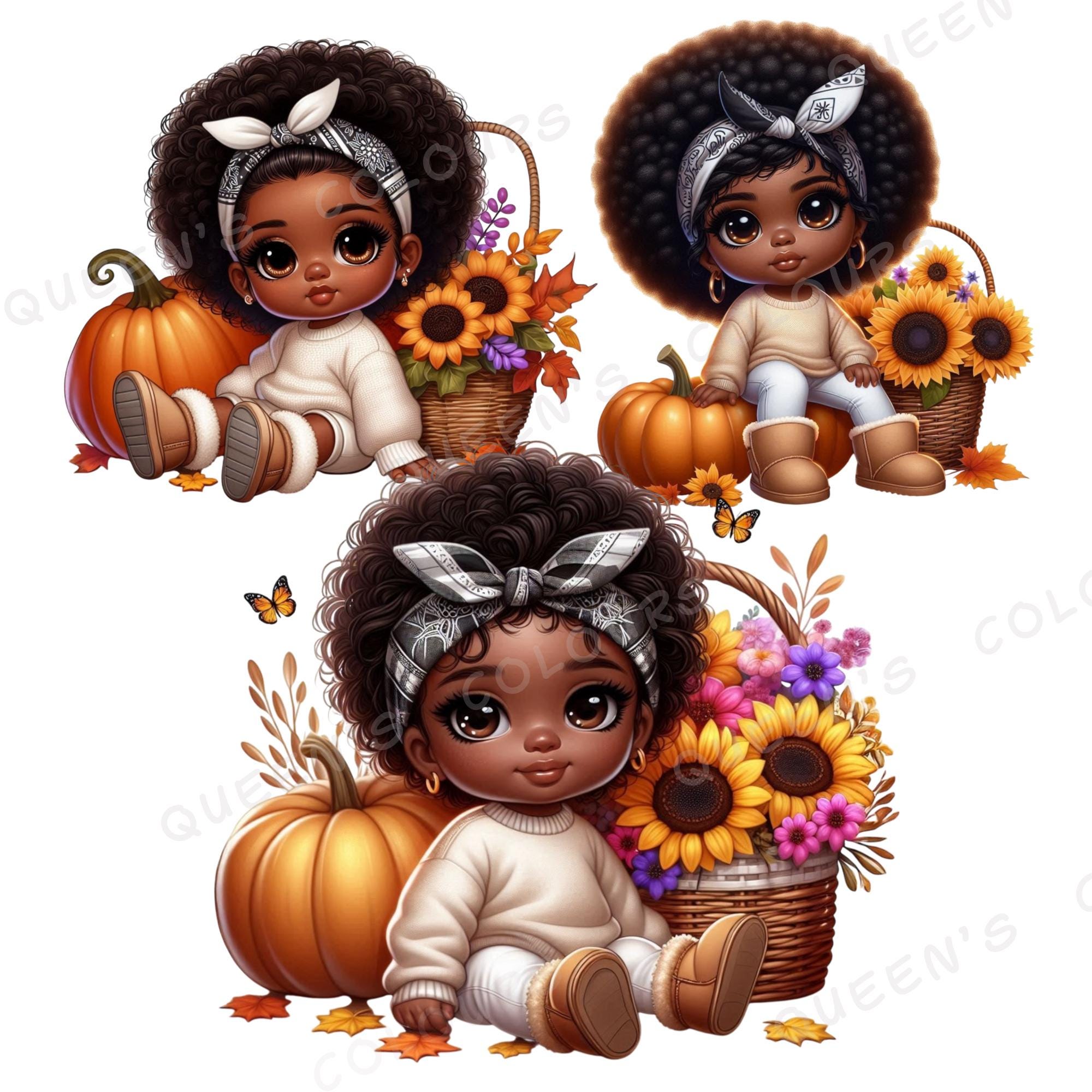 Autumn Black Chibi Baby Png, Cozy Fall Chibi Afro Girl Clipart, Cute ...