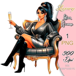 Clipart donna latina glamour, latina di lusso seduta su sedia PNG, clipart ragazza latina alla moda, 1 PNG, adesivo ragazza ispanica alla moda