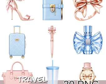 Pink Blue Travel Clipart Bundle Png, Luxury Travel Accessories Clipart, Bow Aesthetic Png, Planner, Suitcase, Perfume, Fashion Clipart