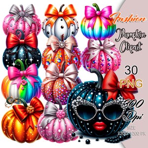 Clipart di zucche alla moda, adesivi digitali di zucche glamour, PNG di zucche di lusso, set di zucche carine alla moda, set di clipart di planner glamour.