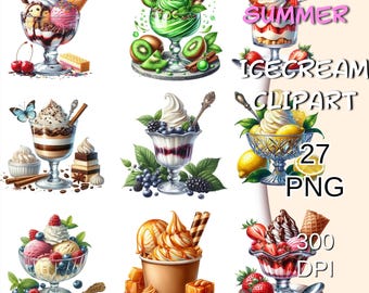 Ice Cream Clipart Bundle, 27 Summer Ice Cream Png, Watercolor Ice Cream, Summer Desserts Clipart, Ice Cream Bar Clipart, Sundae Clipart.