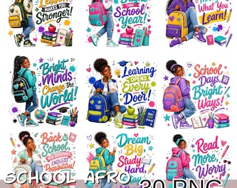 Back to School Afro Girl PNG Bundle, 30 School Clipart, Black Girl Student Sublimation, Motivational School Quotes.