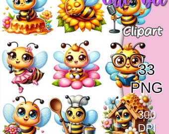 33 Cute Bees Clipart Bundle, Honey Bee Stickers Png, Bumble Bees Clipart, Sweet as Honey Png, Funny Bee Pics, Cartoon Honey Bee Clipart.
