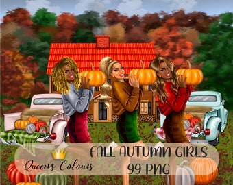 Autumn Girls and Pumpkins Clipart, Fall Planner Stickers (PNG Digital Download)