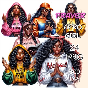 Black Girl Praying Clipart Bundle, Faith Afro American Girl, Praying Woman Png, Christian Clip Art, Blessed Girl Png, Bible Study Girl Png.