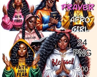 Black Girl Praying Clipart Bundle, Faith Afro American Girl, Praying Woman Png, Christian Clip Art, Blessed Girl Png, Bible Study Girl Png.