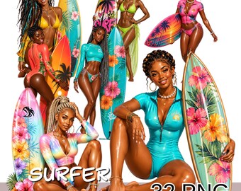 Afro Surfer Girl Png Clipart, Surfboard Black Girl Png, Tropical Woman Clipart, Beach Babe Png.