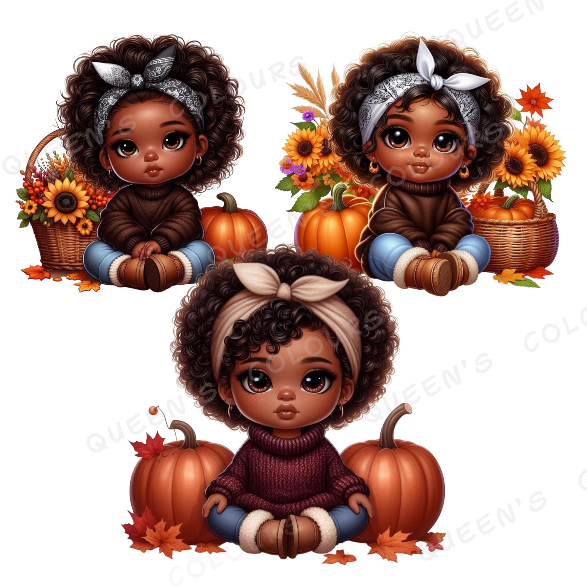 Cozy Fall Black Chibi Baby Clipart, Autumn Chibi Baby Png, Cute Chibi ...
