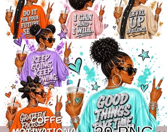 Motivational Coffee Girl Png Bundle, Afro Fashion Clipart, Inspirational Quote Png, Black Woman Png, Coffee Lover Clipart.