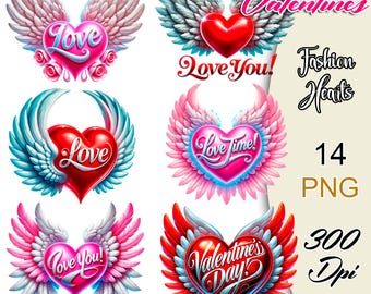 May include: Set of 14 Valentine's Day themed heart graphics with wings. Each heart features a different design with text like "Love", "Love You!" and "Love Time!" The graphics are in a cartoon style with bright colors and a glossy finish.