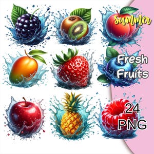24 PNG Clipart di frutta fresca estiva, PNG di frutta realistica, ananas, fragola, mirtillo, melone, mela, mango, PNG digitale di frutta.