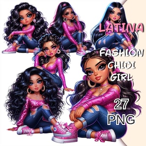 Latina Chibi Fashion Doll Png, Chicana Chibi Girl Clipart, Chibi Pink Png, Hispanic Woman Png, Cute Girl Clipart, Chibi Latinx Sticker Png.