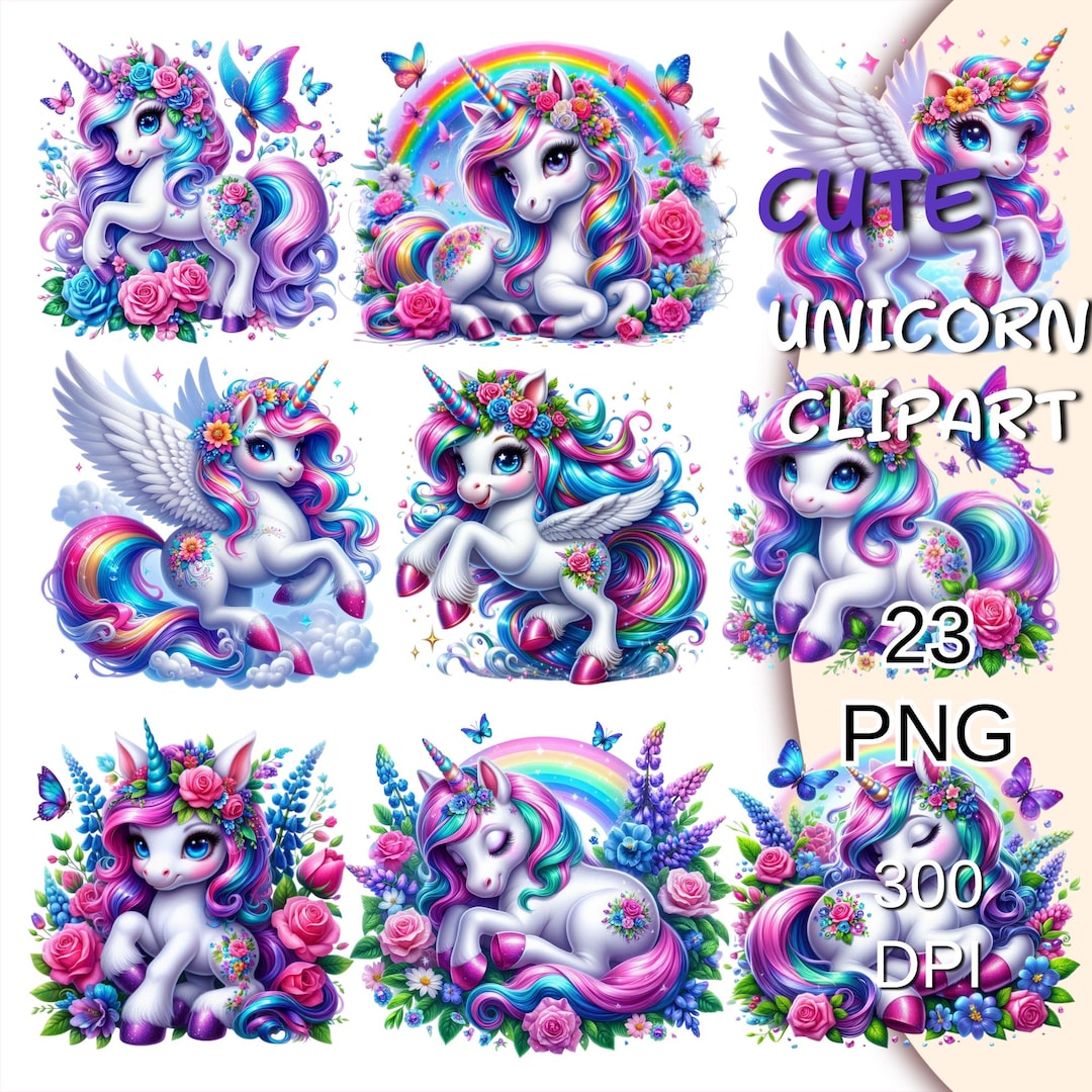 Cute Watercolor Baby Unicorn Clipart Bundle, 23 Png Rainbow Floral ...