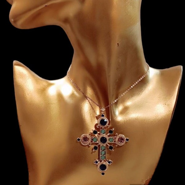 Pendentif, collier, chaîne, croix, Couture, doré, multicolore, soirée, fêtes, cadeau.